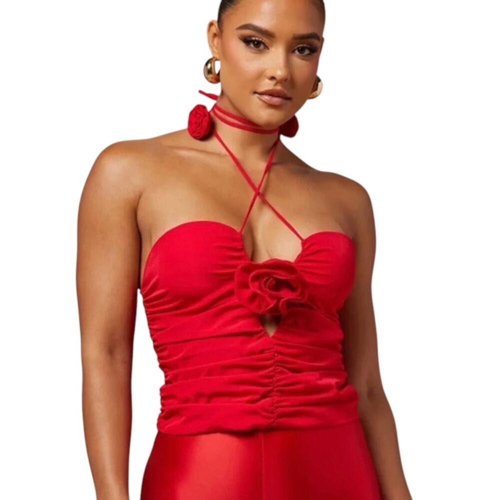 NWT Fashion Nova Luxe Red Rayla Rose Ruched Mini Top Size XL